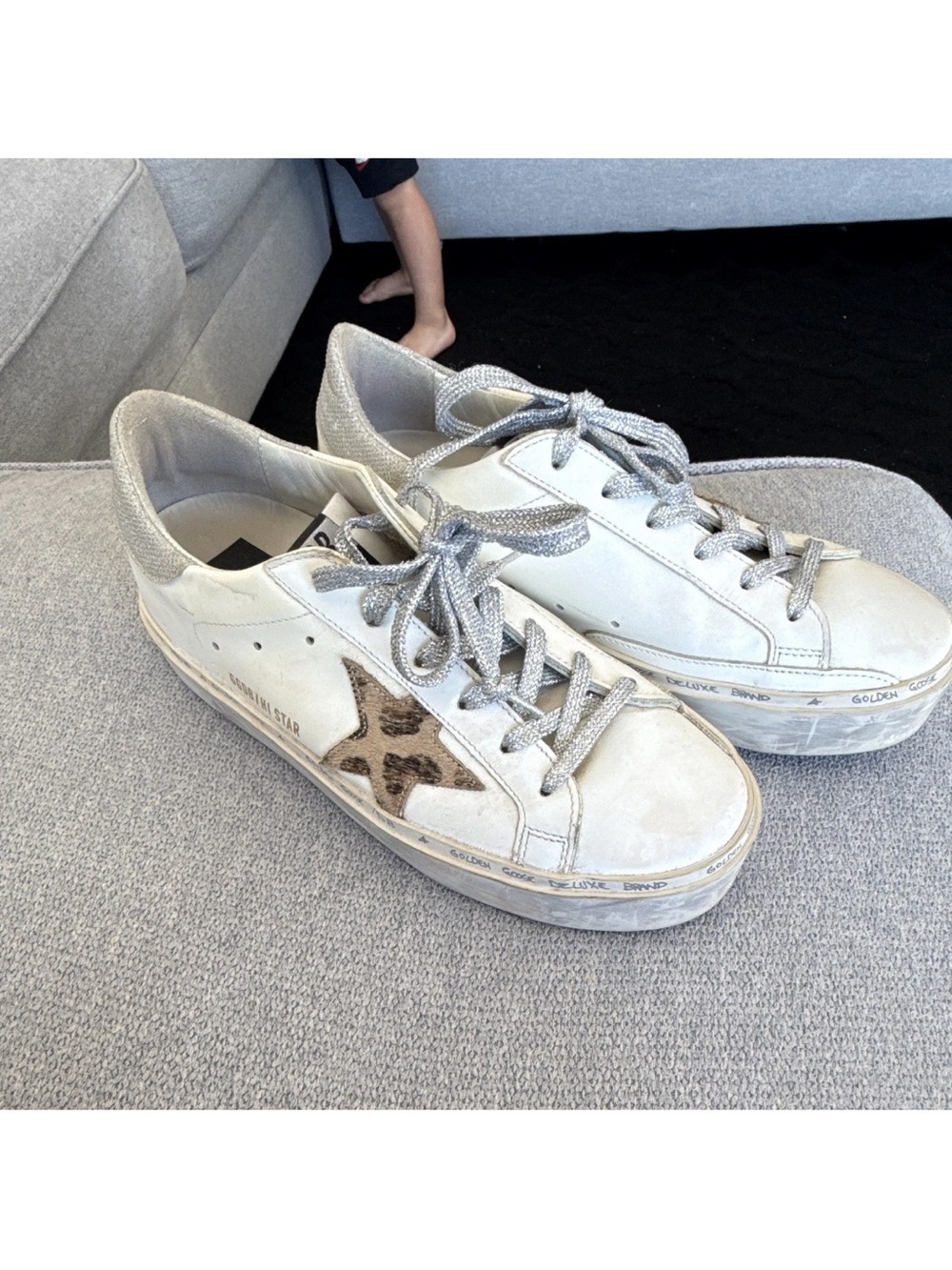 Golden Goose Hi Star Low Top Lace-Up Sneaker White Leopard Star Silver Heel